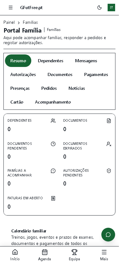 Portal Família atual do GFutFree.pt num telemóvel