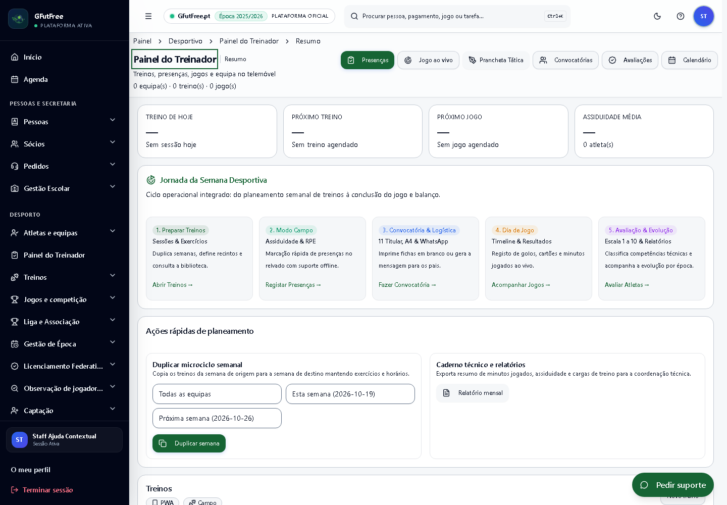 Jornada do treinador no GFutFree.pt — demonstração local de 25 de outubro de 2026